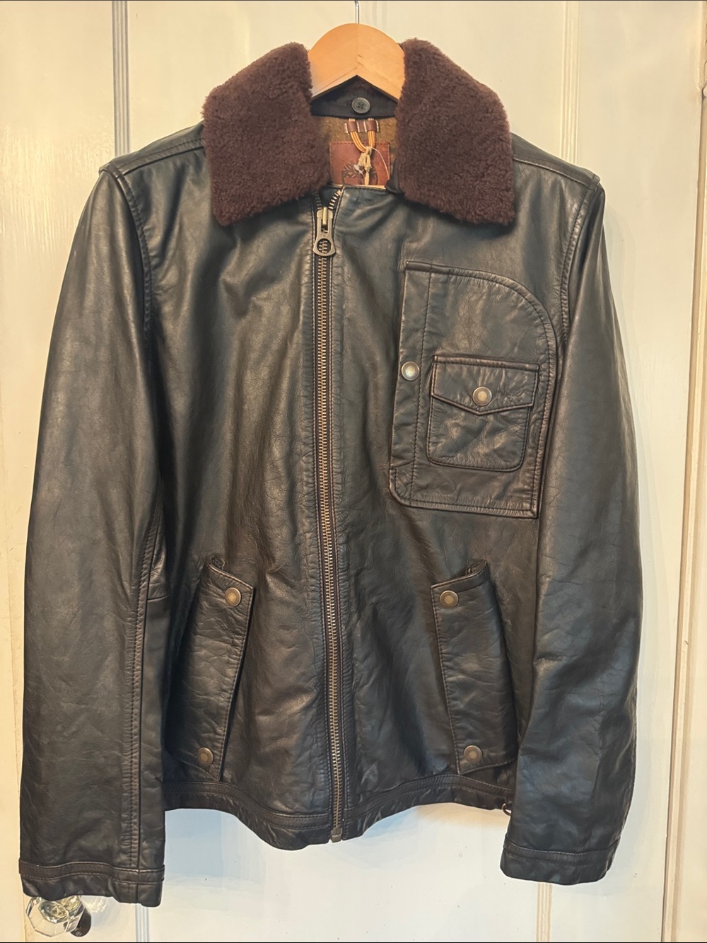 Timberland Black Leather Bomber Jacket with Brown Sherpa Collar